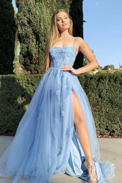 Sky Blue Prom Dress with High Slit ...